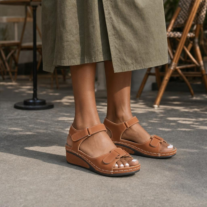 Women's Comfortable Ankle Strap Sandals in Brown, front view