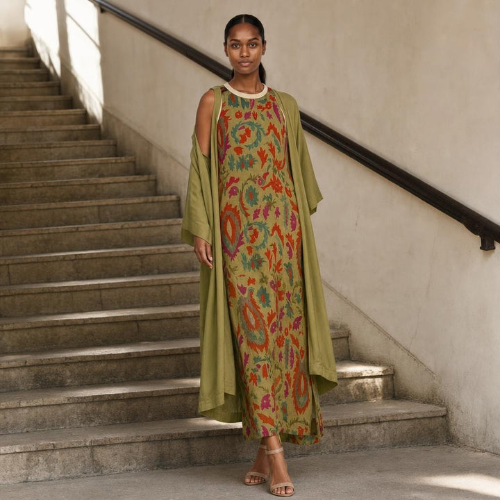 Women's Set Maxi Dress in Green, front view