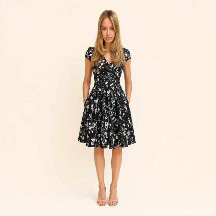 Women's A Line Pocket V Neck Floral Dress in Black, front view