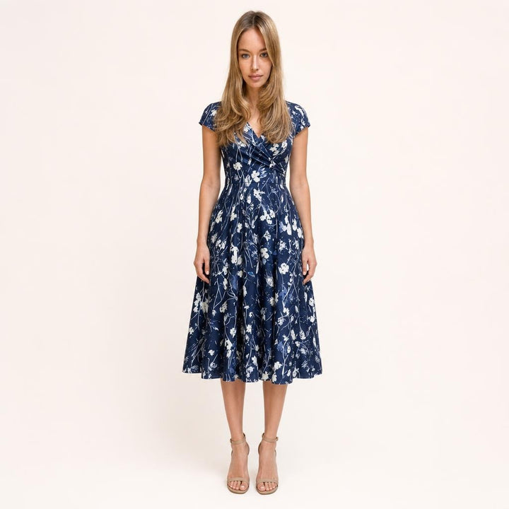 Women's A Line Pocket V Neck Floral Dress in Blue, front view