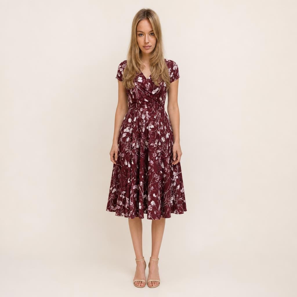 Women's A Line Pocket V Neck Floral Dress in Burgundy, front view