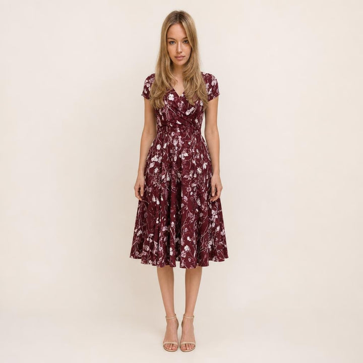 Women's A Line Pocket V Neck Floral Dress in Burgundy, front view