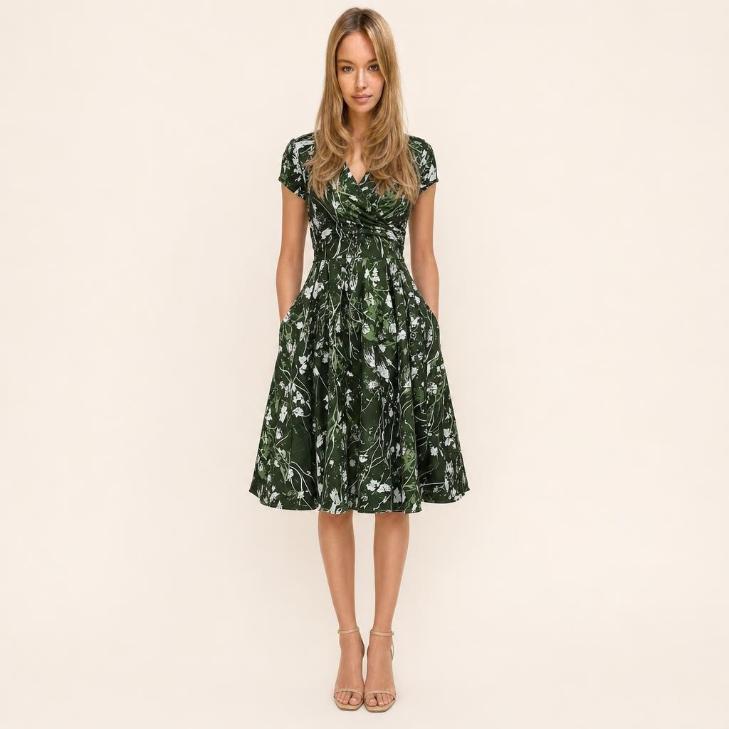 Women's A Line Pocket V Neck Floral Dress in Green, front view
