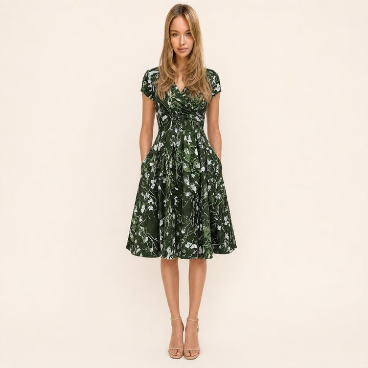 Women's A Line Pocket V Neck Floral Dress in Green, front view