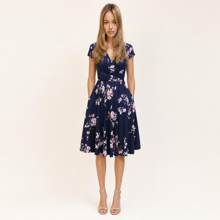 Women's A Line Pocket V Neck Floral Dress in Violet Blue, front view