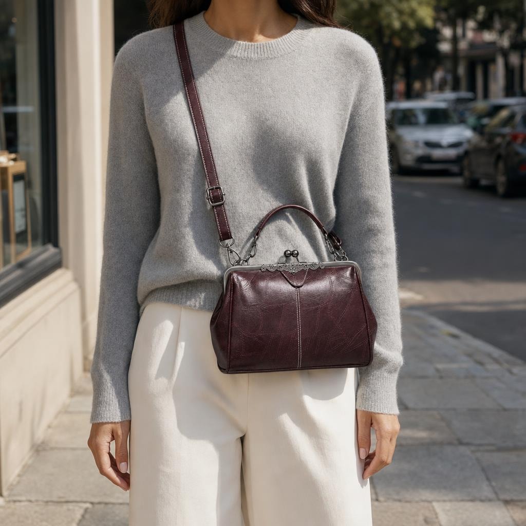 Women's Kiss Lock Crossbody Handbag in Coffee, front view