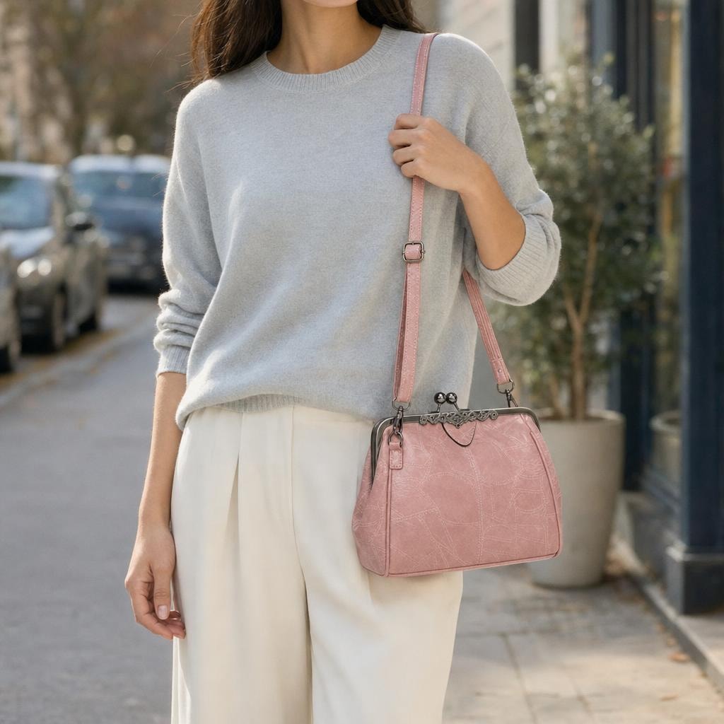 Women's Kiss Lock Crossbody Handbag in Pink, front view
