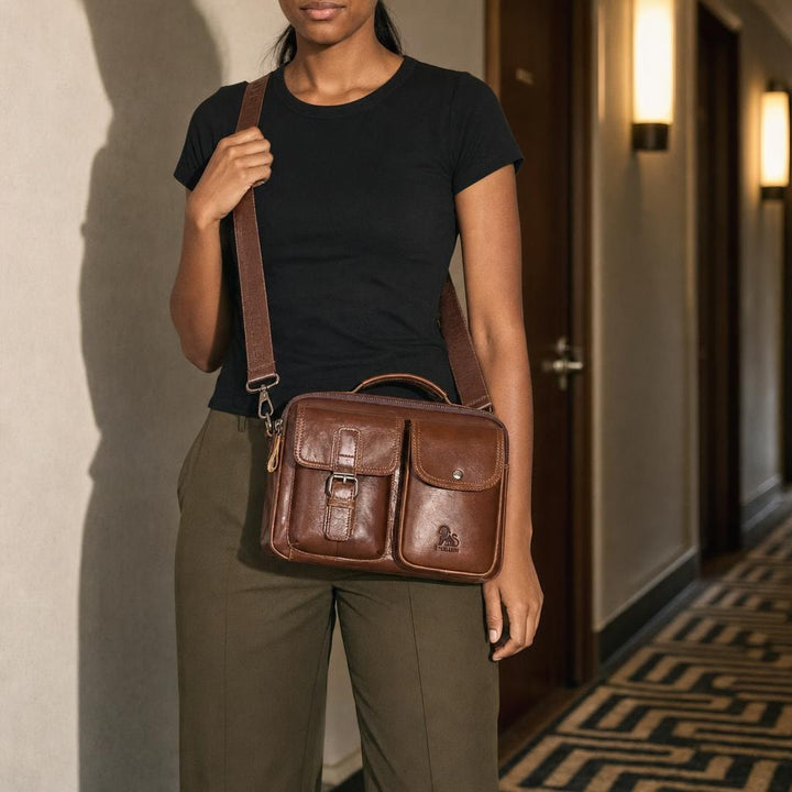 Women's Two Pocket Shoulder Bag in Brown, front view