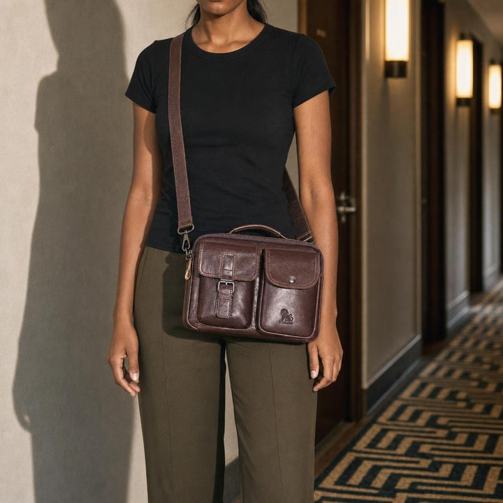 Women's Two Pocket Shoulder Bag in Coffee, front view