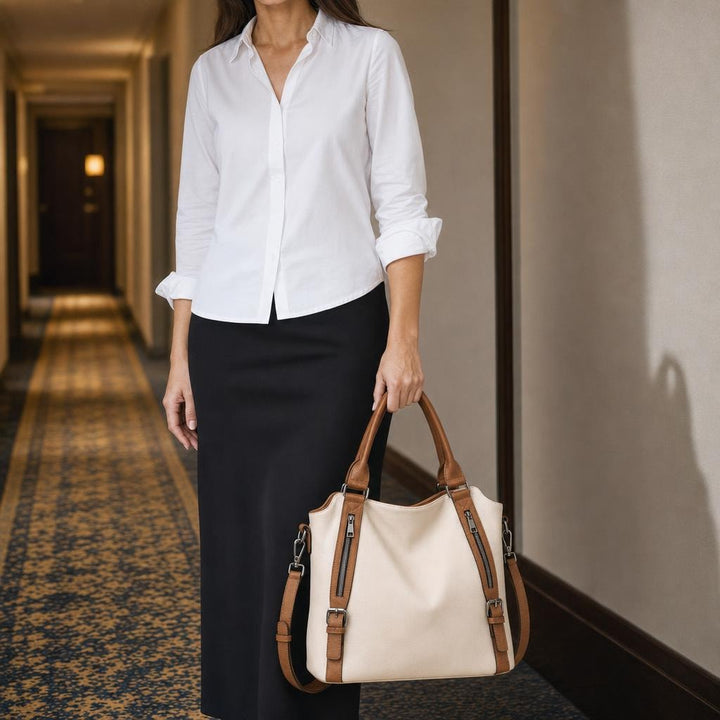 Women's Everyday Zip Shoulder Bag in Beige, front view