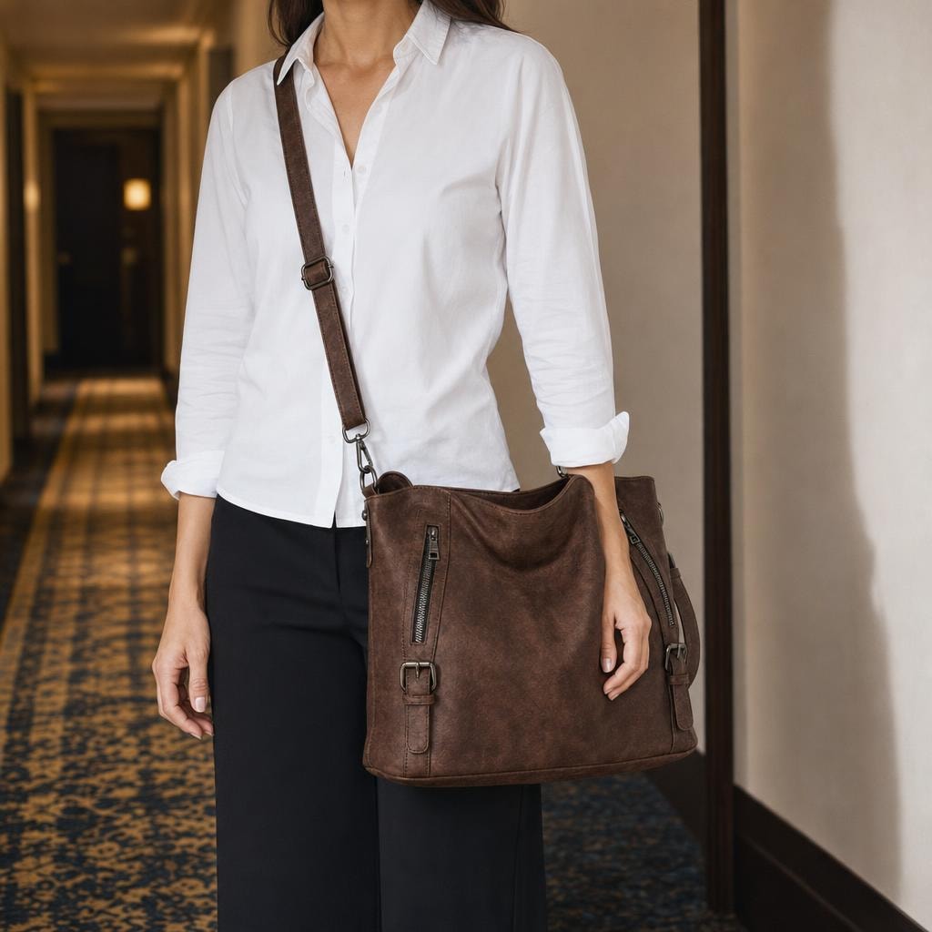 Women's Everyday Zip Shoulder Bag in Coffee, front view
