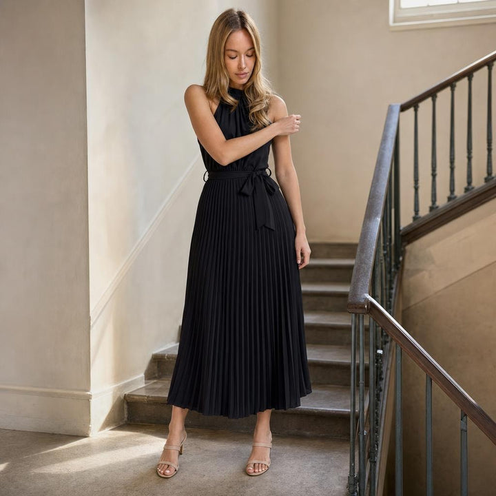 Women's Pleated Halter Neck Maxi Dress in Black, front view