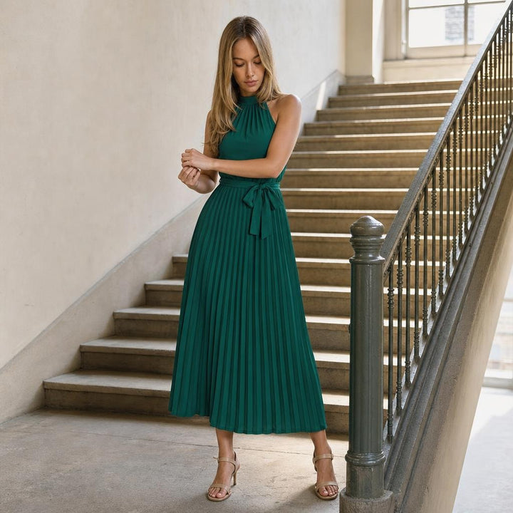 Women's Pleated Halter Neck Maxi Dress in Green, front view
