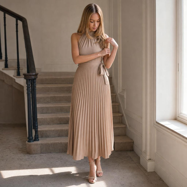 Women's Pleated Halter Neck Maxi Dress in Khaki, front view