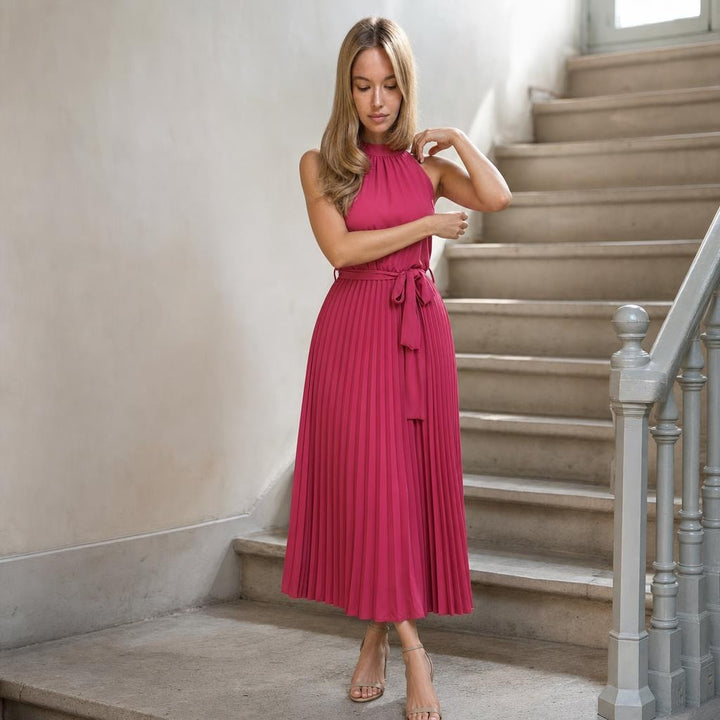 Women's Pleated Halter Neck Maxi Dress in Rose Red, front view