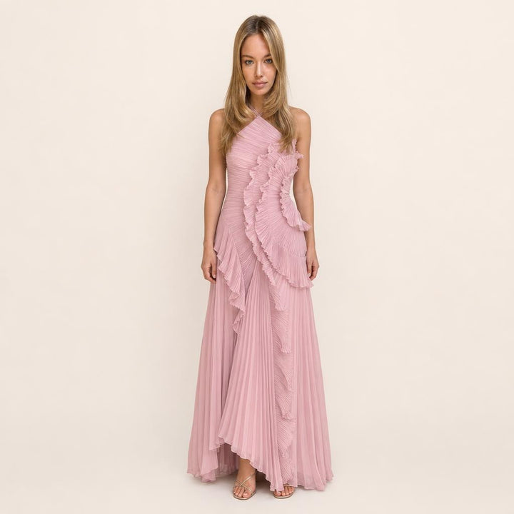 Women's Pleated Halter Neck Maxi Dress in Pink, front view
