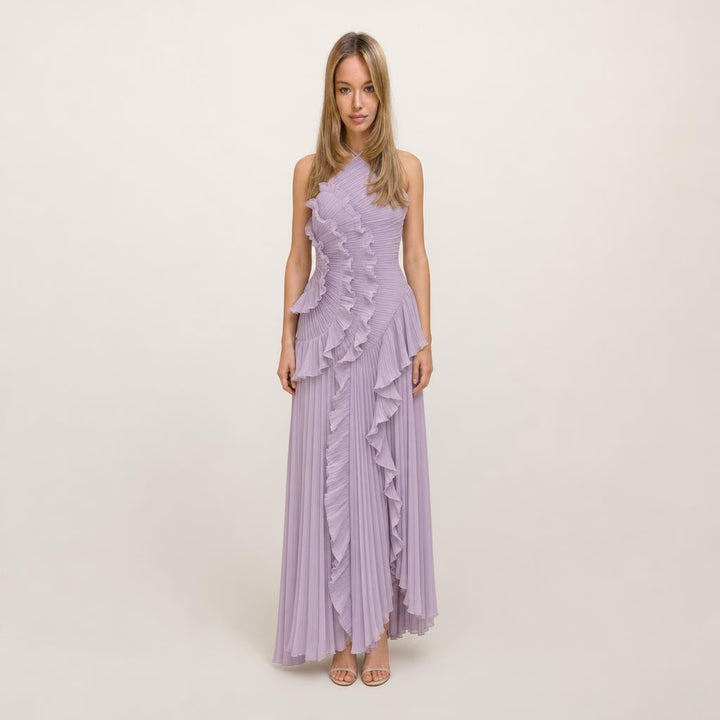 Women's Pleated Halter Neck Maxi Dress in Purple, front view