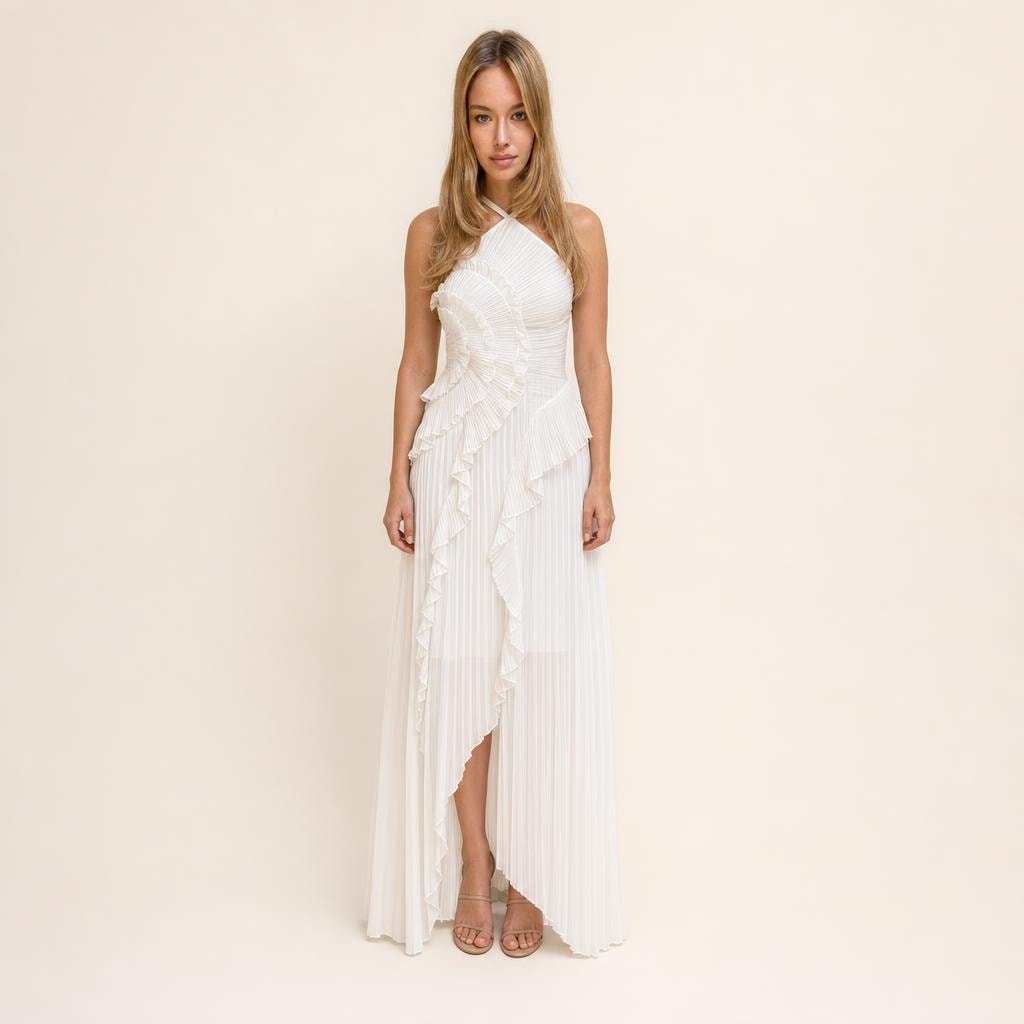 Women's Pleated Halter Neck Maxi Dress in White, front view