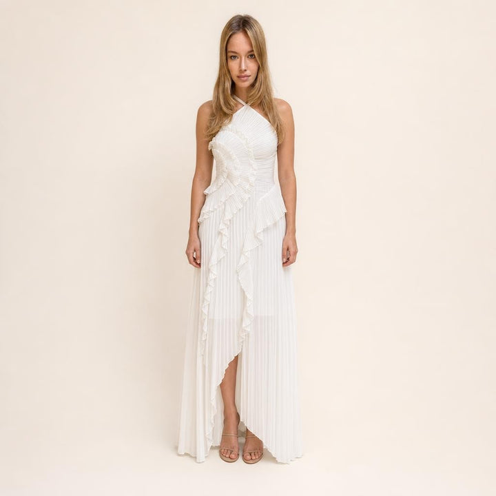 Women's Pleated Halter Neck Maxi Dress in White, front view