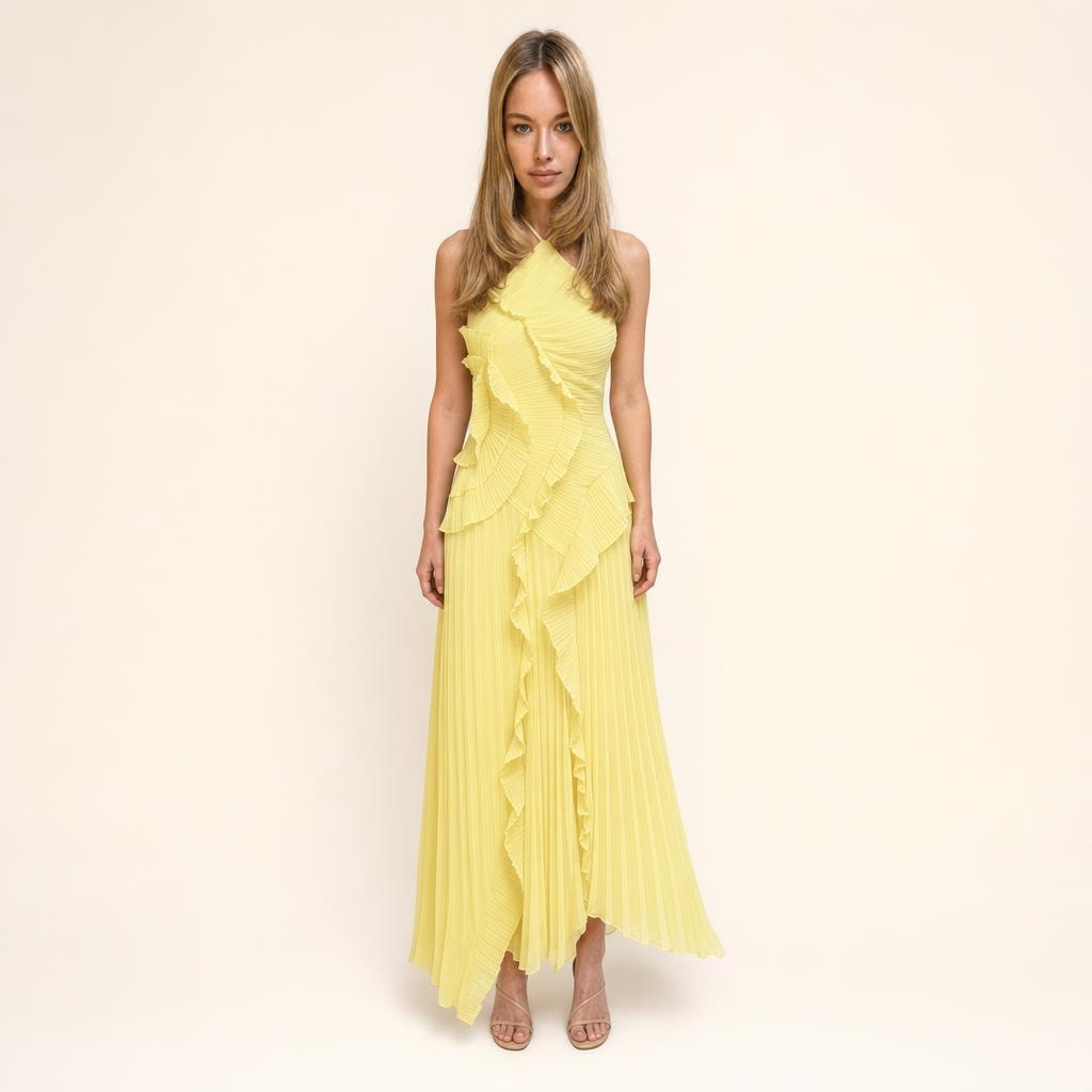Women's Pleated Halter Neck Maxi Dress in Yellow, front view