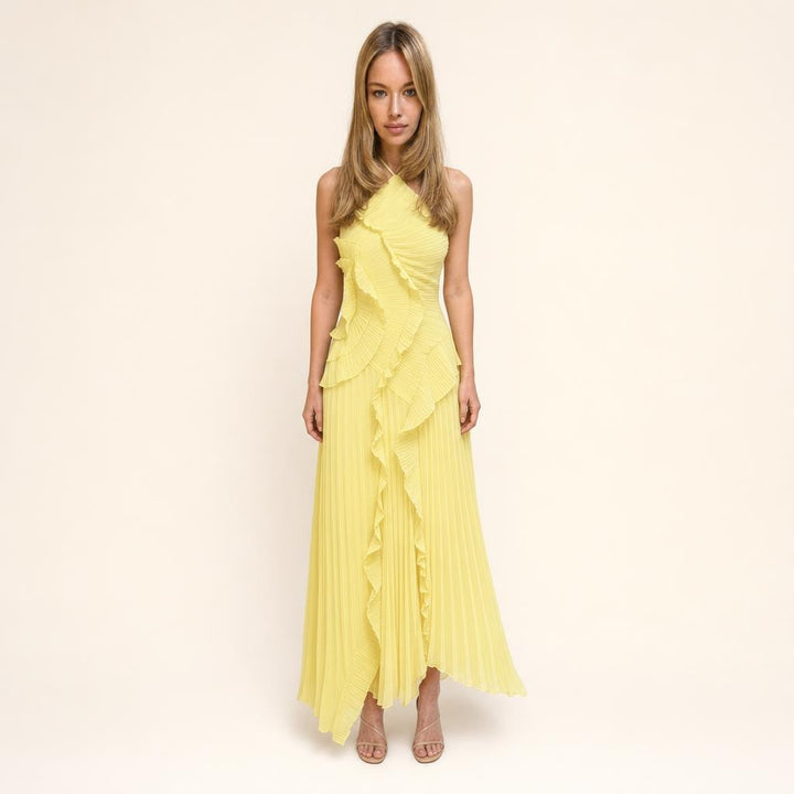 Women's Pleated Halter Neck Maxi Dress in Yellow, front view