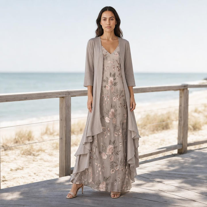 Women's Two Piece Maxi Dress in Beige, front view
