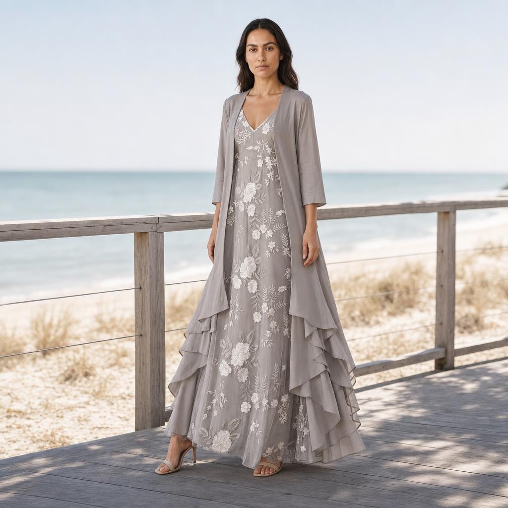 Women's Two Piece Maxi Dress in Grey, front view