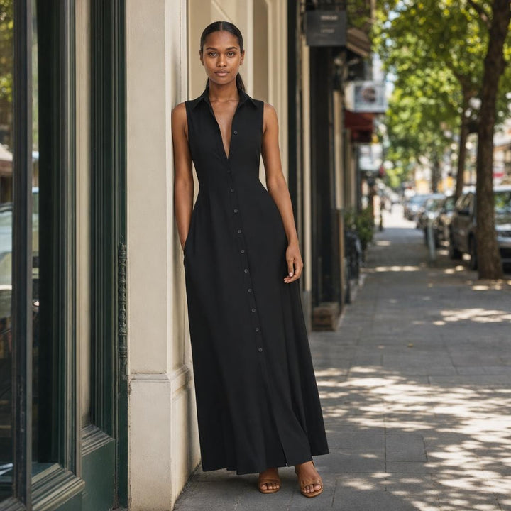 Women's Collared Button Front Long Sleeve Maxi Dress in Black, front view