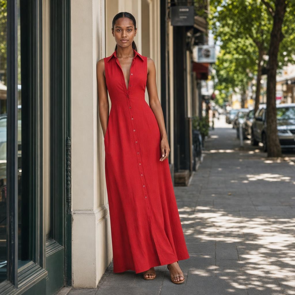 Women's Collared Button Front Long Sleeve Maxi Dress in Red, front view
