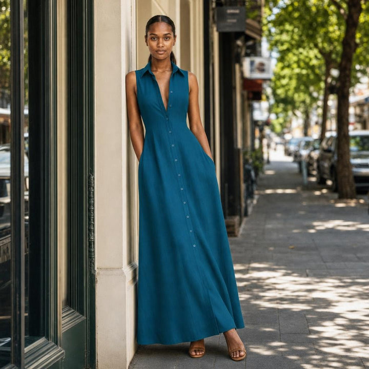 Women's Collared Button Front Long Sleeve Maxi Dress in Teal Blue, front view