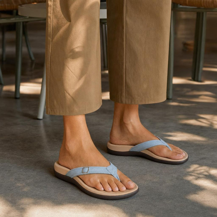 Women's Buckle Strap Slip On Sandals in Blue, front view