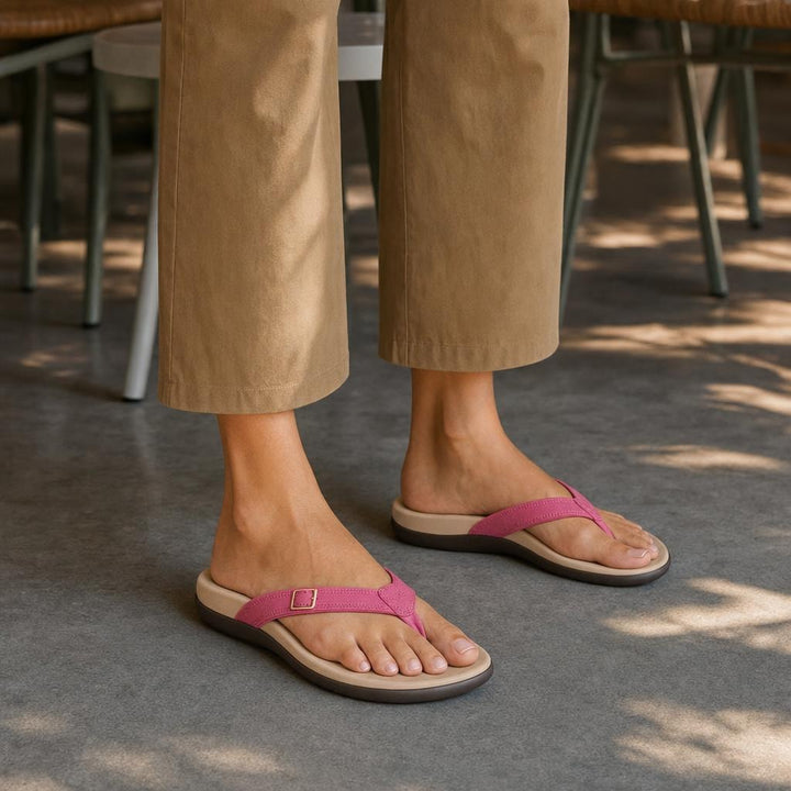 Women's Buckle Strap Slip On Sandals in Fuschia Pink, front view