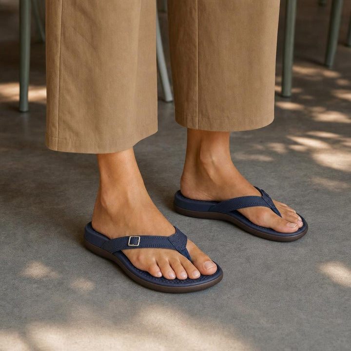 Women's Buckle Strap Slip On Sandals in Navy Blue, front view