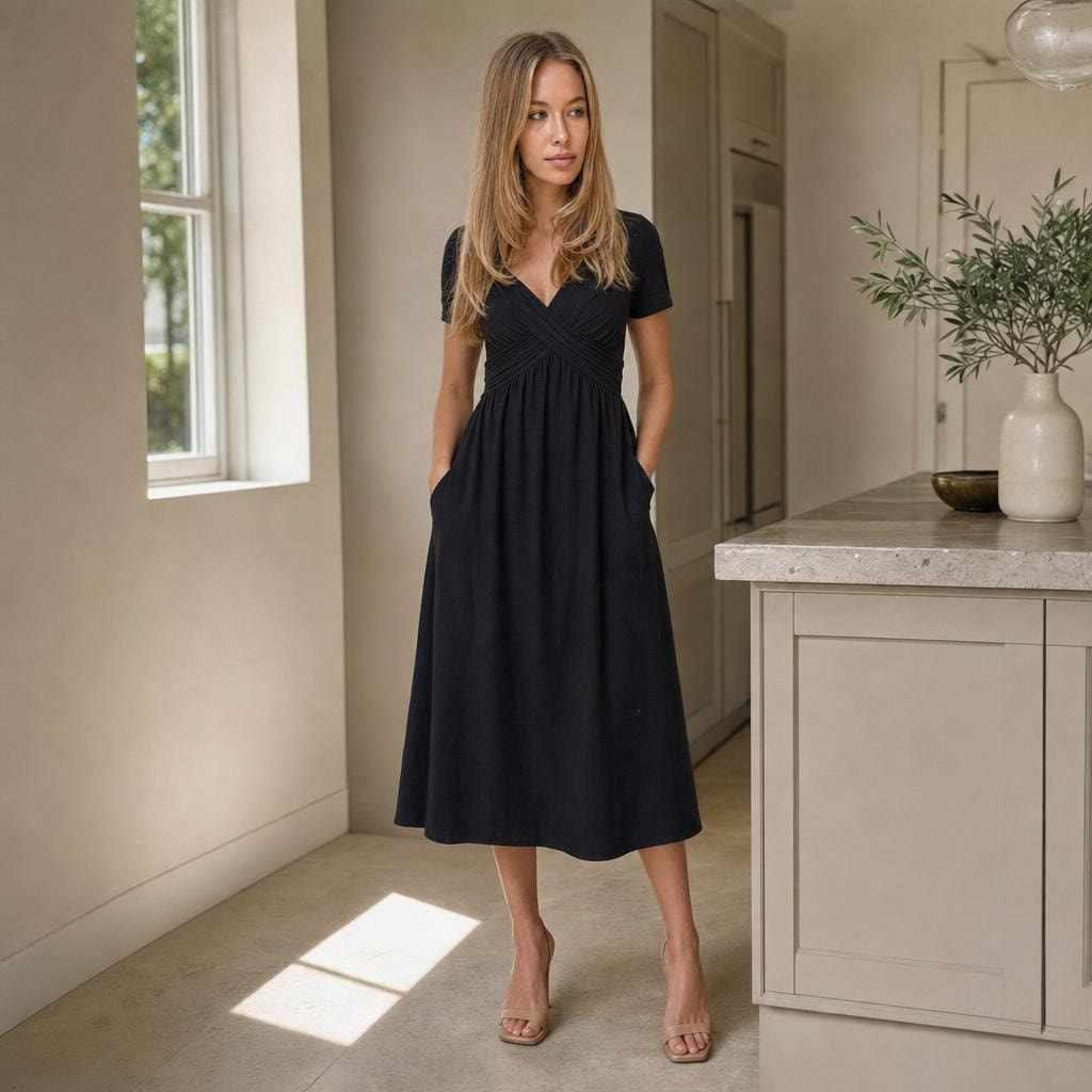 Women's Flattering Midi Dress in Black, front view