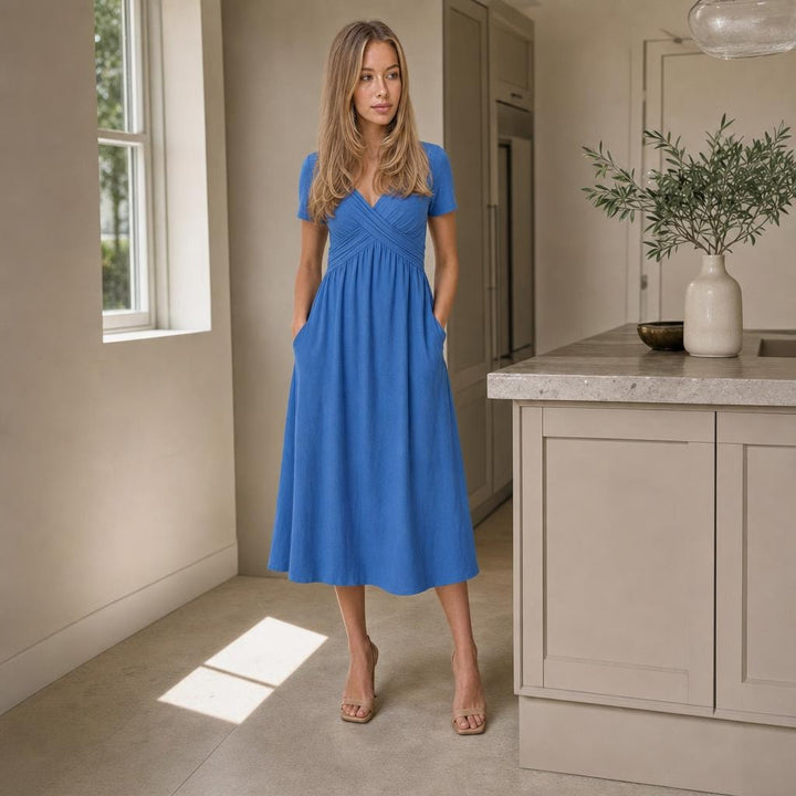 Women's Flattering Midi Dress in Blue, front view