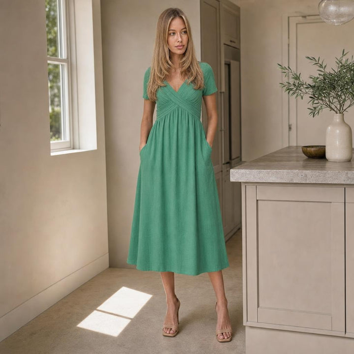 Women's Flattering Midi Dress in Green, front view