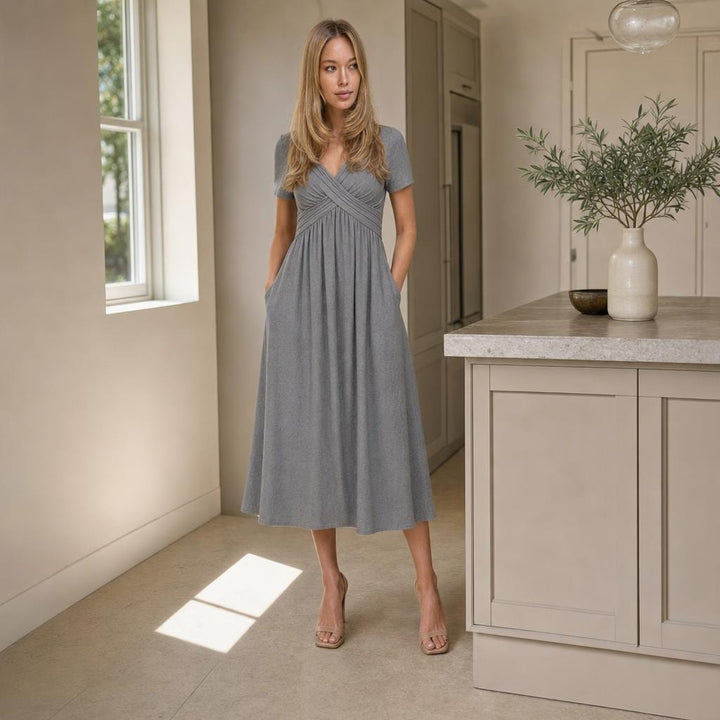 Women's Flattering Midi Dress in Grey, front view