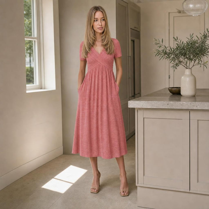 Women's Flattering Midi Dress in Pink, front view