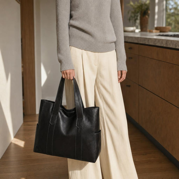 Women's Vintage Tote Shoulder Bag in Black, front view