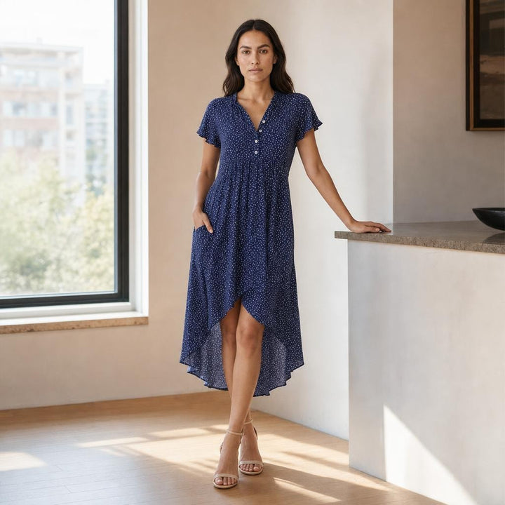 Women's A Line Midi Dress in Dark Blue, front view