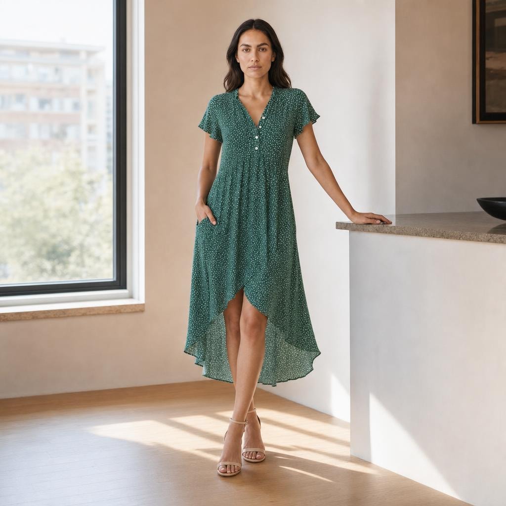 Women's A Line Midi Dress in Green, front view