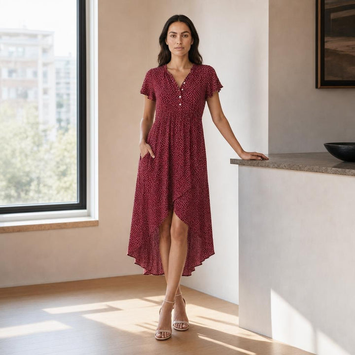 Women's A Line Midi Dress in Red, front view