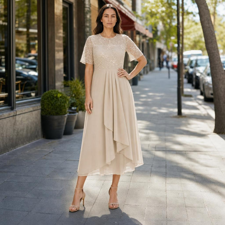 Women's Lace Chiffon Midi Dress in beige, front view