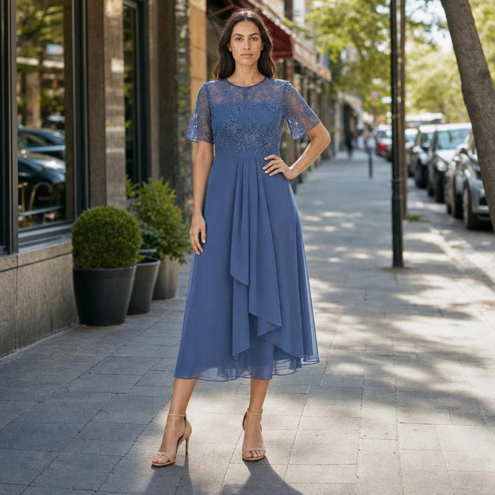 Women's Lace Chiffon Midi Dress in Blue, front view