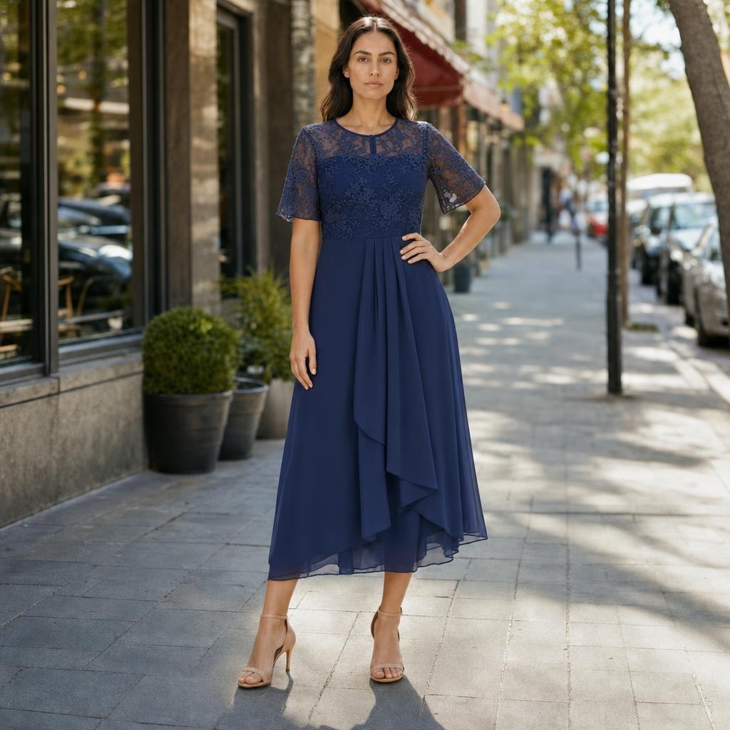 Women's Lace Chiffon Midi Dress in Dunkelblau, front view