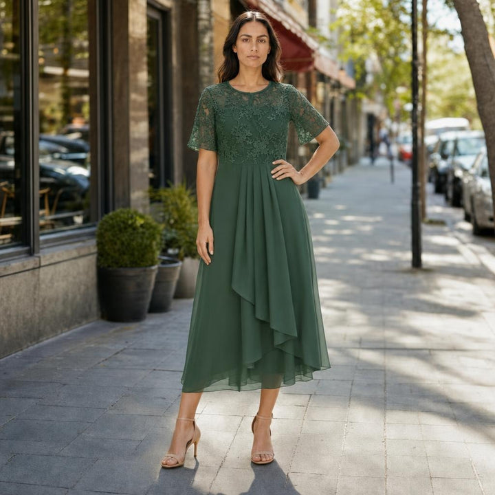 Women's Lace Chiffon Midi Dress in Green, front view