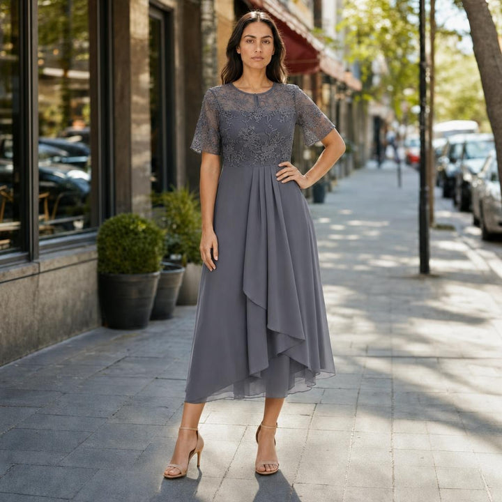 Women's Lace Chiffon Midi Dress in Grey, front view