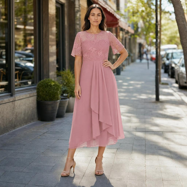Women's Lace Chiffon Midi Dress in Pink, front view