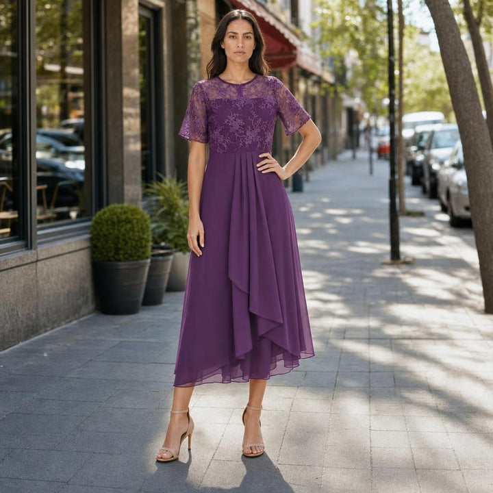 Women's Lace Chiffon Midi Dress in Purple, front view