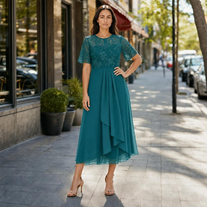 Women's Lace Chiffon Midi Dress in Turquoise, front view